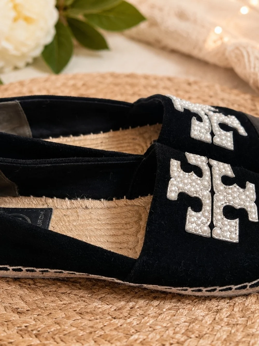 Tory Burch Black Espadrille Flats with Pearl Logo